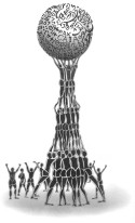 drawing of pillar of people lifting up a globe