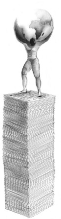 drawing of man standing on stack of papers and holding Earth