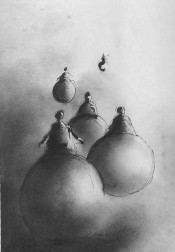 drawing of people riding globes