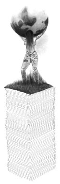 drawing of woman standing on stack of papers and holding Earth